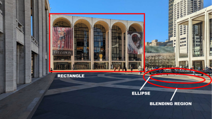Official HDR10+ ADVANCED white paper diagram showing the two Local Tone Mapping area shapes: a rectangle drawn around a building facade and an ellipse drawn around an adjacent plaza area, with a labeled blending region softening the ellipse's edge into the rest of the frame