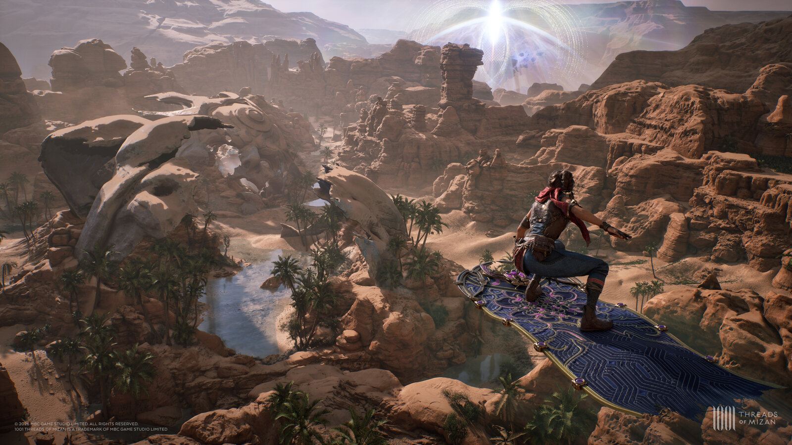 A character rides a flying carpet over a sandstone canyon in 1001 Threads of Mizan, with a bright starburst light effect in the sky above a shadowed desert oasis below